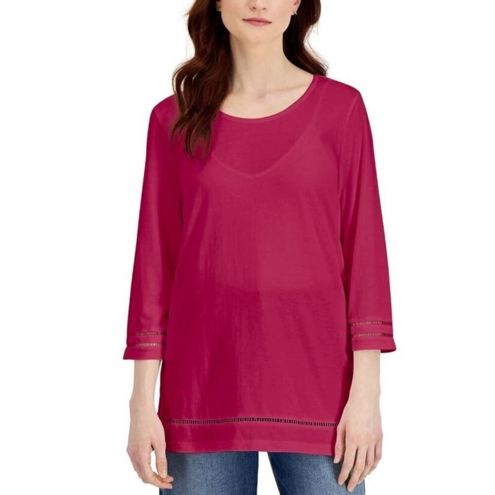 Karen Scott Scoop Neck 3/4 Sleeve Lattice Trim Top in Raspberry Wine Medium $37